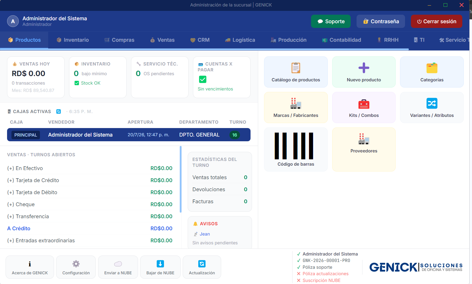 Panel de GENICK ERP mostrando ventas, inventario y caja del día